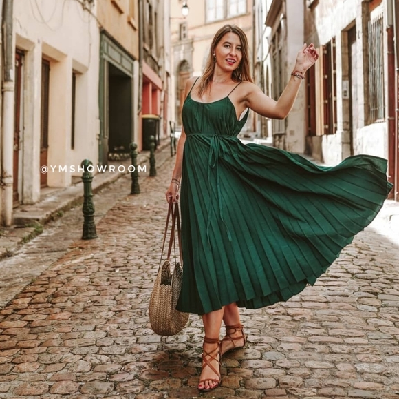 Mango Dresses & Skirts - Mango Dark Green Pleated Midi Dress